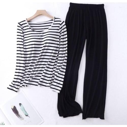 Womens Pajamas Modal Striped Print Loose Long-sleeved with Bra Pad Tops Ruffled Trousers Sleepwear Suit Female Casual Homewear