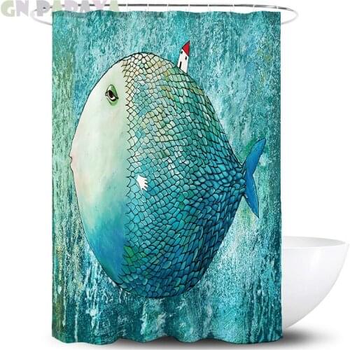 Cartoon fish blue Bath Curtains Waterproof Polyester Fabric cute kid‘s’ cute Shower Curtains Screen with Hooks Accessories