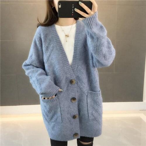 PEONFLY Loose Knitted Cardigan Women With Pocket Sweaters Cardigans Female Long Womens Knitting Jacket Blue Yellow