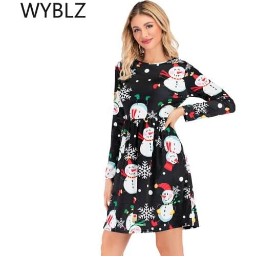 WYBLZ Vintage Floral Print Christmas Dress Round Neck Long Sleeve A Line Womens Dress Spring Autumn Slim Pullover Dresses Party