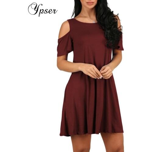 Ypser Womens Cold Shoulder Jersey Dress with Pocket Swing Tshirt Dresses Loose Tunic Top