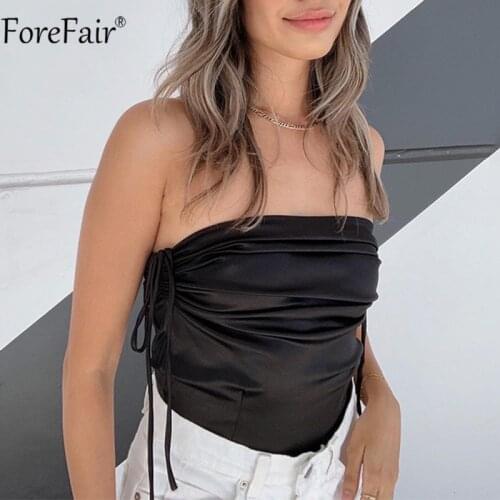 Forefair Black Sexy Corset Crop Top Off Shoulder Bandage Backless Sleeveless Ruched Satin Women Tank Top 2021 Summer Casual