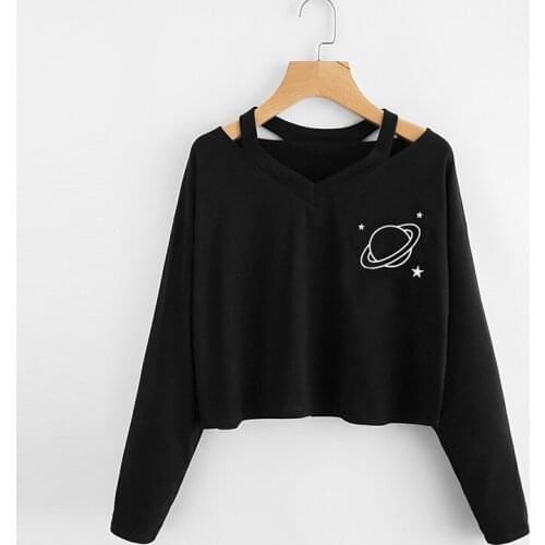 Long Sleeve Women T Shirt Women Casual Planet Printed Top Shirt Streetwear Female Top V Neck Black Women Clothing Spring Autumn