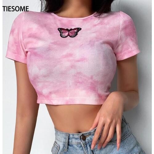 TIESOME Cute Butterfly T-shirt Women Pink Tie dye Tops Tee Sexy Slim Short Top For Women 2020 Summer Harajuku Tee Shirts