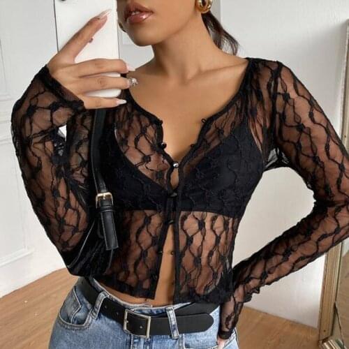 2021 Summer Women Sexy See-through Black T-shirts Round Collar Long Sleeve Lace Button Down Cardigan Casual Clothes Streetwear