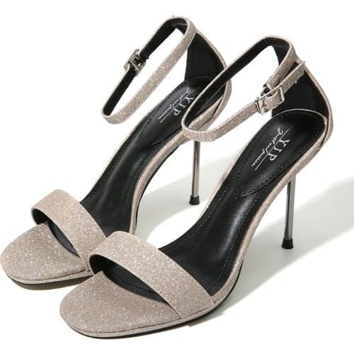 Nis Women Sexy Sequins High Block Heel Ankle Strap Sandals Outdoor Thin High Heels Slippers Summer Slides Fashion Party Shoes