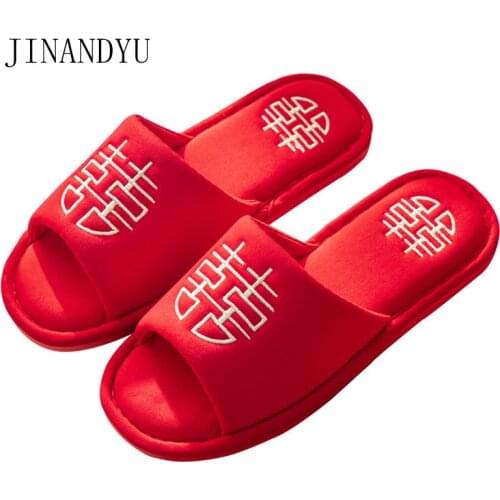 Chinese Style Wedding House Couples Slippers Lucky Red Embroidery Cotton Bedroom Ladies Flat Shoes Indoor Lovers Women Slippers