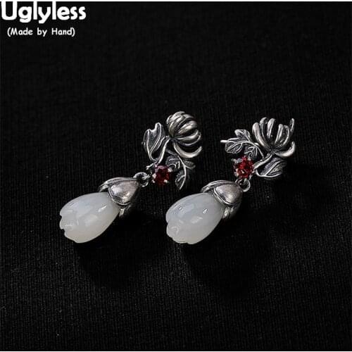 Uglyless Vintage Thai Silver Daisy Earrings for Women 925 Sterling Silver Flowers Drop Earrings Jade Magnolia Fine Jewelry Leaf