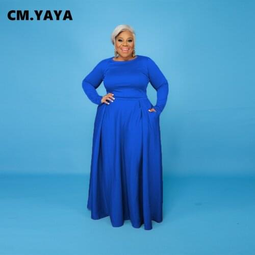 CM.YAYA Women Plus Size Skirts Set Solid Crop Tops + Long Skirt Two 2 Piece Sets Female Casual Maxi Outfits Autumn New Fashion