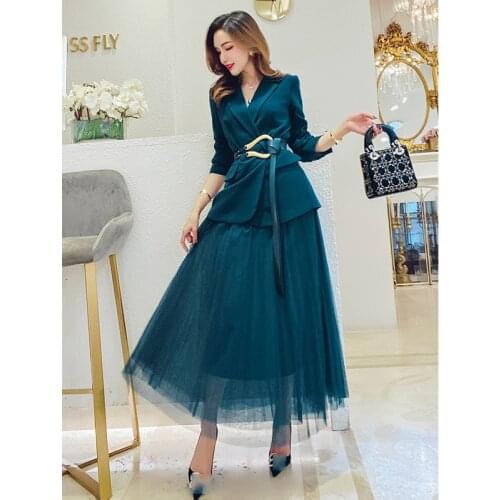 2020 Autumn Women Two Piece Sets Turn-Down Collar Blazer Jackets +Long Mesh Skirt Lady Office Green 2 Pcs Jacket Dresses Suits