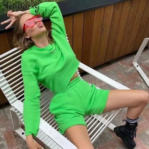 High Quality WomenS Loose Letter Sports 2 Two-Piece Set 2021 Spring Sexy O-Neck Long-Sleeved Short Top + Shorts Casual Set