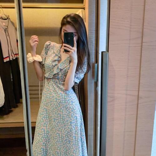 Korean Chic Summer Floral Sweet Women Long Dress Slim Fit V-neck Vacation Beach Dress High Waist Plus Size 4XL Women Beach Dress