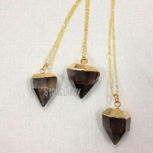 H-QN64 Faceted Heart Shape Stone Pendant Gold Chain Necklace Smoki Quartz Crystal Pendant Women Necklace