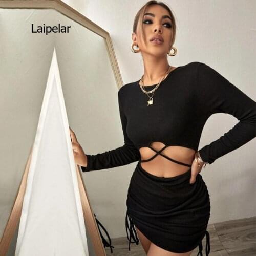 Womens dress 2021 casual sexy hollow cross pleated knitted long-sleeved black hip short skirt