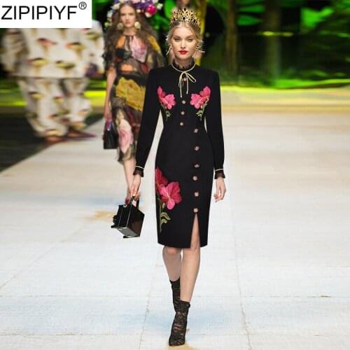 Europe America Women Dress Fashion Stand Collar Long Sleeve Split Back Retro Elegant Flower Embroidery Plit Pencil Vestidos