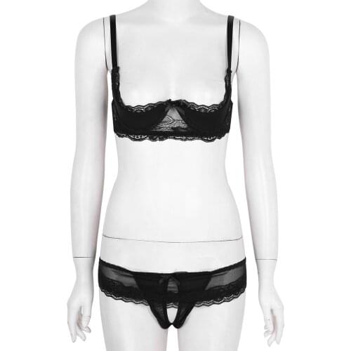 Women Sexy Black Lace Lingerie Set 1/4 Cup Unlined Shelf Bra Low Rise Crotchless Open Butt Thong Brief Hollow Out Underwear 2Pcs