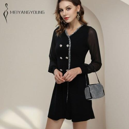 MEIYANGYOUNG V Neck Knitted Black Dress Women 2021 Autumn And Winter Lace Long Sleeve Pullover Long A-line Dresses Ladies Causal