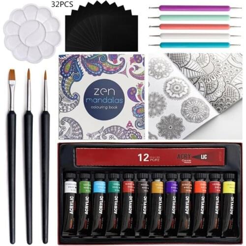 1XCB 32 PCS Mandala Pottery Dotting Tool Embellishment Pen w/ Mandala Coloring Book 12 Color Acrylic Paint for Beginners