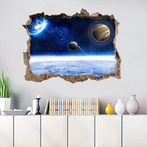 3D star Universe series Broken wall Stickers for Kids Rooms Living Room Bedroom Decor Space Galaxy Planets Wall Sticker
