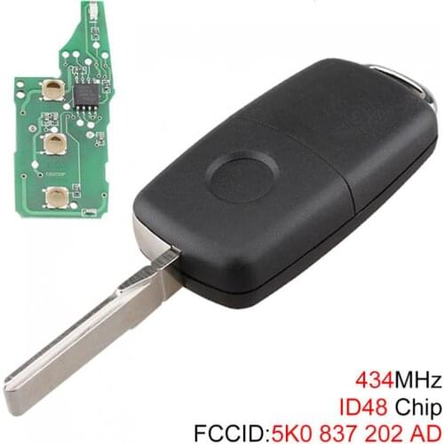 434MHz 3 Buttons Uncut Flip Remote Car Key Fob with ID48 Chip for VolksWagen Beetle/Caddy/Tiguan/Touran/Arriba/Eos/Golf/ Jetta