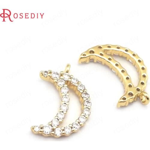 39628)6PCS 7.5x12MM Hole 1MM 24K Gold Color Brass and Zircon Moon Charms Pendants Jewelry Making Supplies Findings Accessories