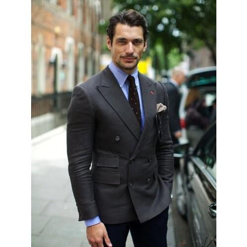 ANNIEBRITNEY Dark Grey Slim Fit Double Breasted Men Business Suit Custom Groom Wedding Tuxedo Slim Fit Wedding Business Suit