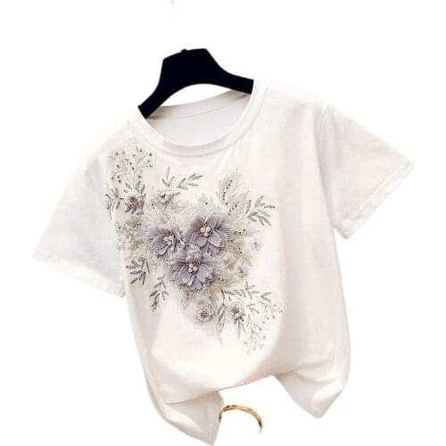 Summer O Neck Short Sleeve Stylish Tops Female Tees Mujer Good Quality Luxury Embroidery Flowers Appliques Beading T Shirt Women