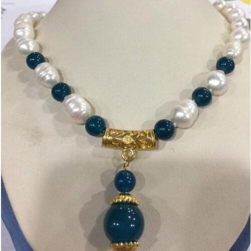 Beautiful freshwater rice pearl + blue bead necklace pendant 10-11mm 8mm 12mm