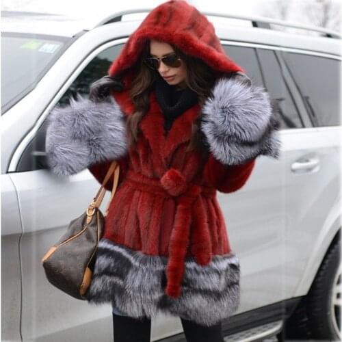 Fashion Red Mink Fur Coats with Hood 2021 New Natural Women Full Pelt Genuine Mink Fur Coat with Silver Fox Fur Cuffs and Bottom