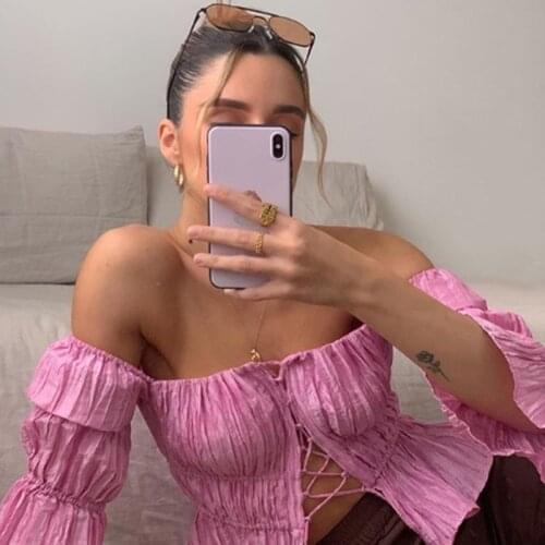 Fashion Off shouleder Women Tube Top Trumpet Sleeve Solid Pink Sexy Ruched Streetwear Bodycon Slim Lady Chic Crop Tops