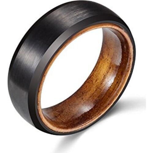 New Arrival 8mm Black Tones Mens Tungsten Carbide Ring Brushed Finished Wedding Band with Nature Wood Inner Comfort Fit 6-13