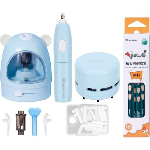 Vacuum Cleaner Set Electric Pencil Sharpener Eraser Stationery Set Battery Operated with 50 Eraser Refills for Kids Adults Home