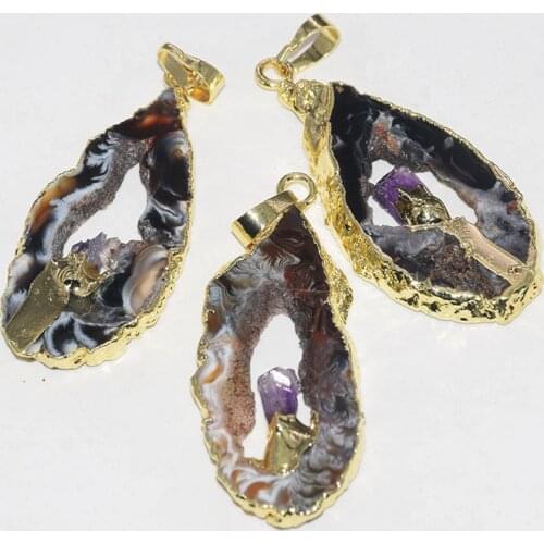 Natural Geode Druzy Agates slice pendant female 2019 black grey polish slab druzy stone pendant for women Jewelry accessories