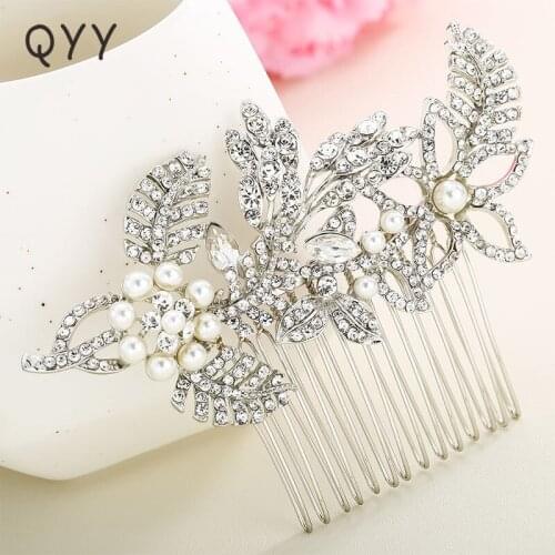 QYY Silver Color Crystal Wedding Bridal Accessories Rhinestone Flower Hair Comb jewellery Bridesmaid Women Hair Jewelry