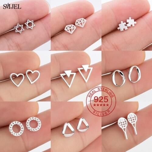 Real 925 Sterling Silver Small Geometric Earrings for Women Rock Triangle Heart Round Earrings Puzzle Hip hop Jewelry Gifts