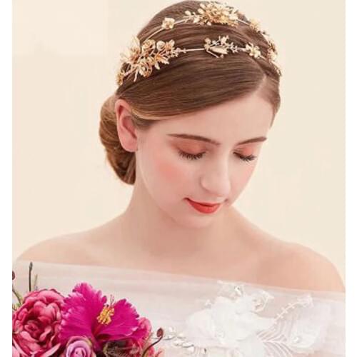 TUANMING Luxury Gold Crown Metal Flower Tiara Double Hairband Bride Headdress Women Jewelry Handmade Wedding Hair Accessories