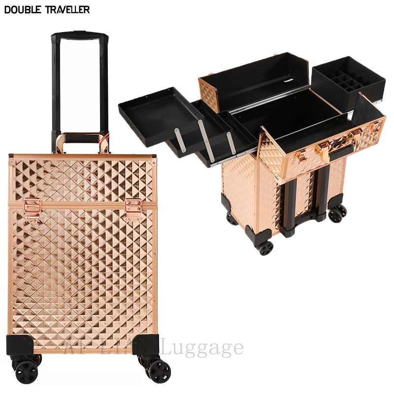 Rose gold trolley cosmetic case,profession makeup suitcase on wheels, Nails rolling luggage Toolbox, trolley Beauty box tattoo