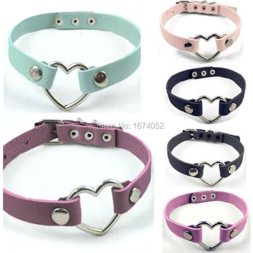 Sexy Harajuku Handmade Fashion Button Buckle Real Leather Collar Heart Shaped Lolita Choker Necklace