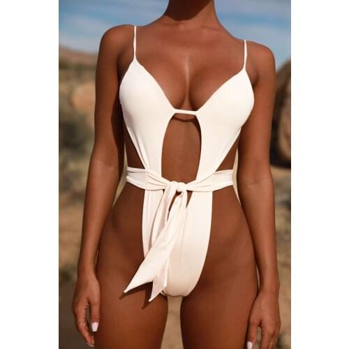 Sexy Cut Out One Piece Swimsuit Solid Black White Push Up Padded Lace Up Bikini Bathing Suit Bandage Thong Swimwear Monokini