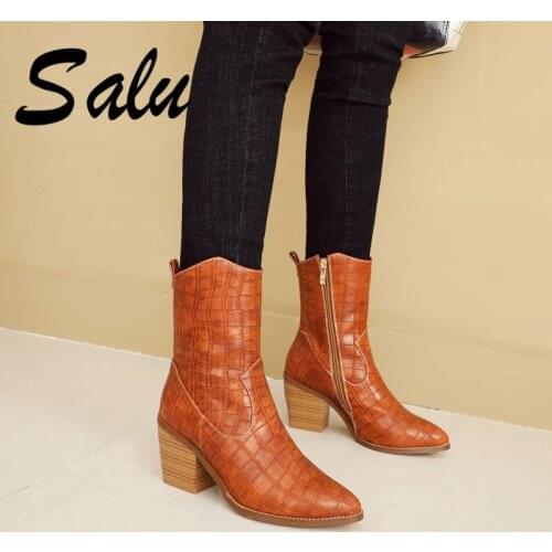 Salu New Sexy Women High Heels mid -calf Boots Pointed Toe Party Shoes Woman Ladies Micorfiber Leather Prom SIZE 42 43 44