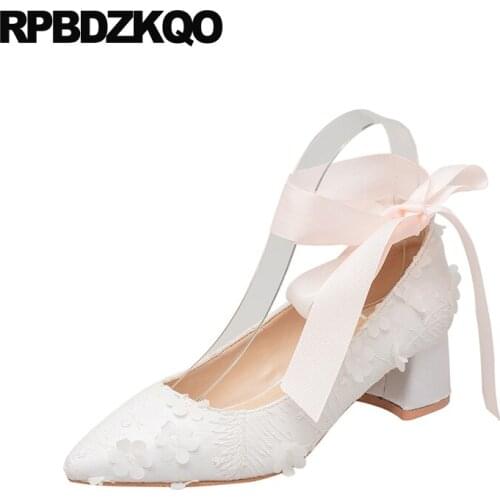 2019 chunky luxury block heels shoes for women pumps thick medium pointed toe lace female size 33 flower white 4 34 ankle strap