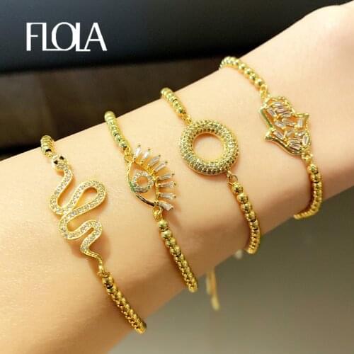 FLOLA Gold Hamsa Snake Bracelets for Women Round Circle Evil Eye Charm Bracelets CZ Zirconia Jewelry pulseira olho grego brtb96