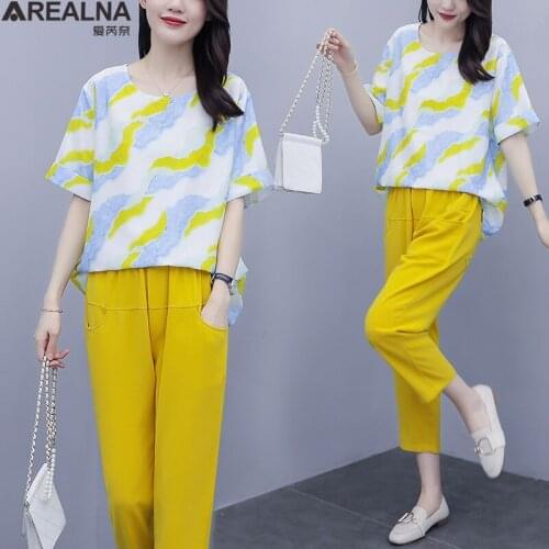 L- 4XL Plus Size Two piece set women short Sleeve blouse + Harem pants yellow 2 piece sets womens outfits Fashion clothes women