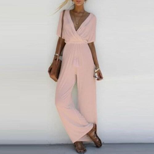 Ladies V Neck Loose Long Jumpsuit Summer Short Sleeve Plus Size Romper Women Elegant Party Rompers Womens Jumpsuit Wide Leg Pant
