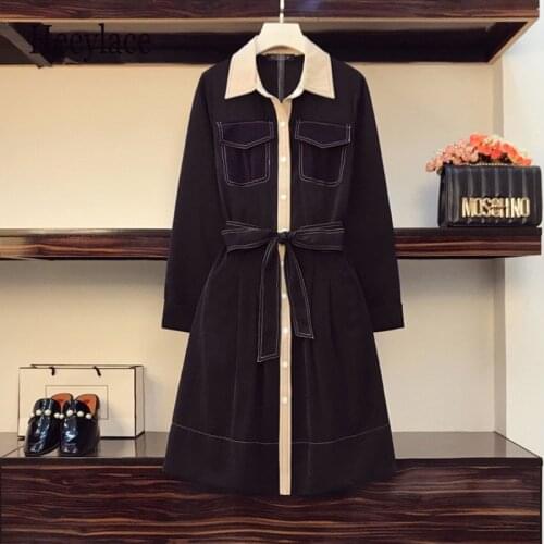 Plus Size Office Ladies Elegant Patchwork Black Shirt Dress Autumn Fall Long Sleeve Single-breasted Dresses OL Clothing 4XL