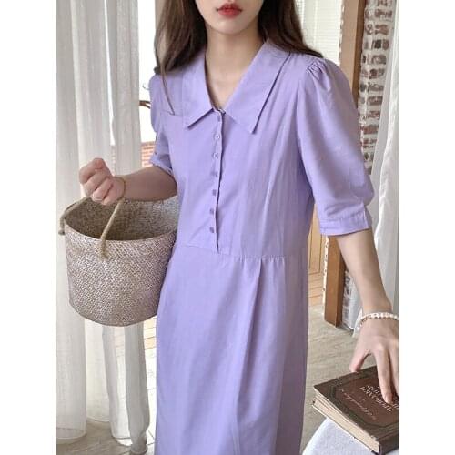 Korean Purple Summer Dress Peter Pan Collar Long Midi Dress Women Short Sleeve Party Dress Loose Sweet Cotton Office Lady