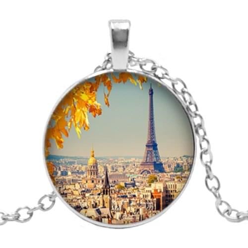 2019 New Handmade France Paris Eiffel Tower Landscape Pendant 3 Color Glass Cabochon Necklace Fashion Jewelry Sweater Chain