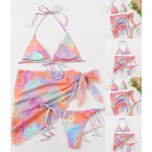 Women 3pcs Gradient Rainbow Bikini Halter Triangle Swimsuit with Cover Up Skirt