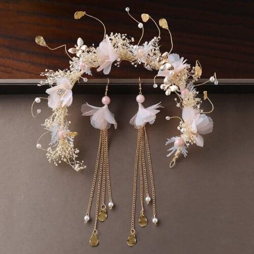 Bride Hair Accessories Hair Vine with Simulated Pearl and Dried Flower Set of Headdress and Earrings for Wedding BN