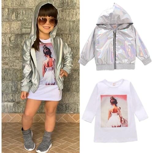 Infant Kids Baby Girl Shirt Coat Suit Fall Long Sleeve Round Collar Dance Girl Printed Dress Princess Reflective Hooded Cardigan